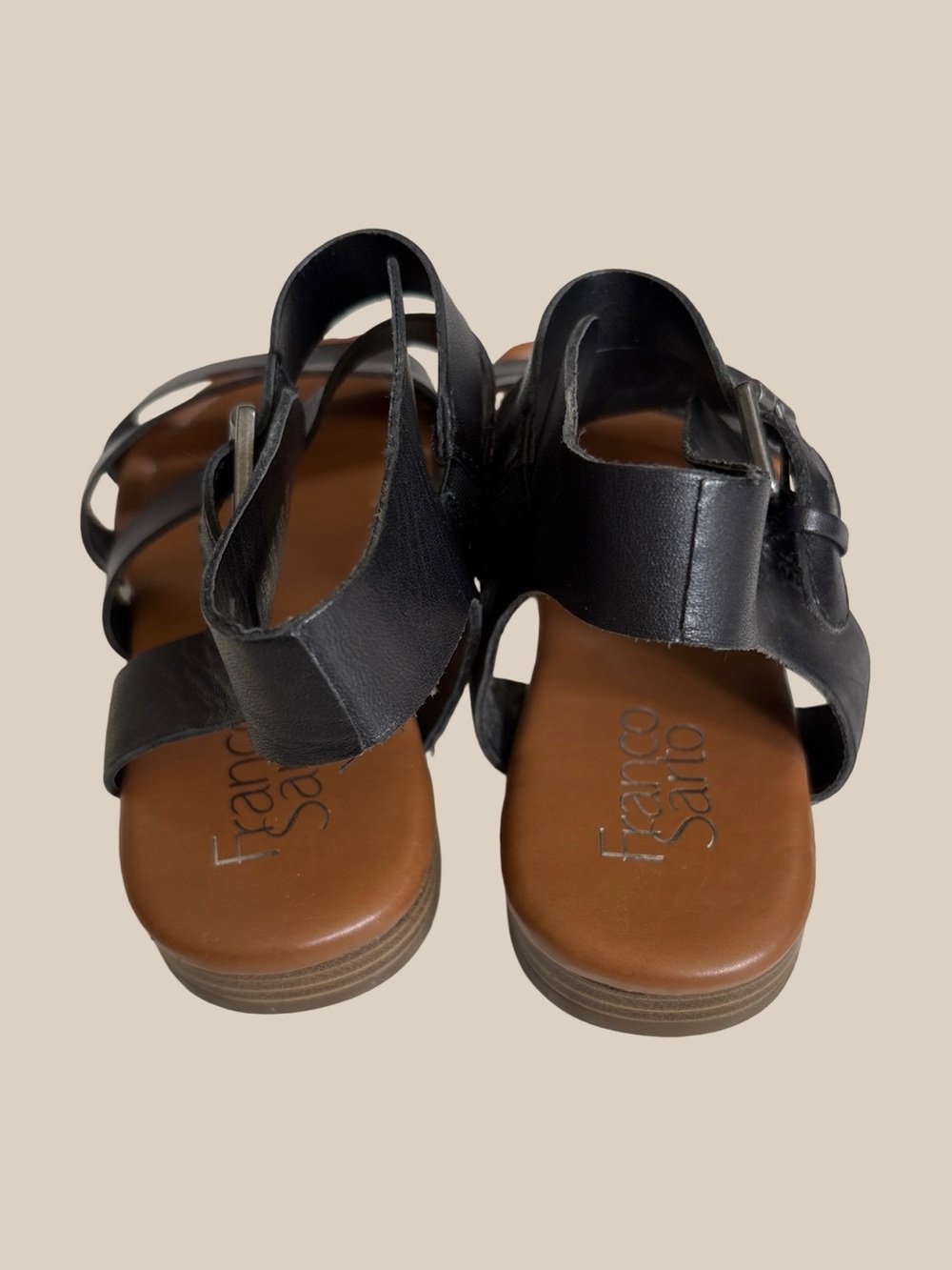 Franco Sarto Genji Black Leather Ankle Strap Gladiator Flat Sandals SZ 7.5M - Picture 5 of 8
